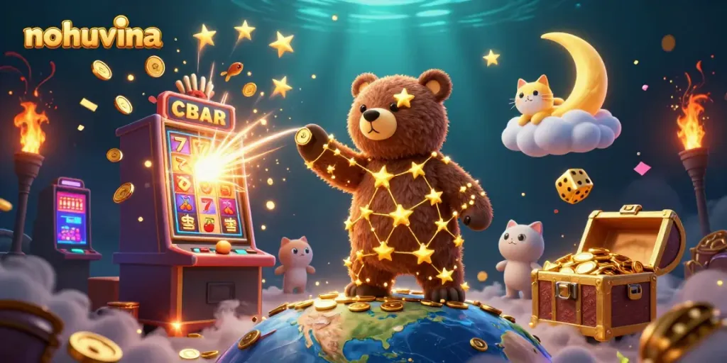Nohuvina offers exciting rewards illustrated by a golden constellation bear scooping coins amidst dynamic casino elements.