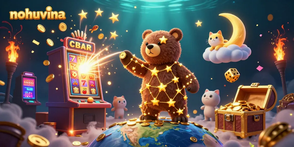Nohuvina offers exciting rewards illustrated by a golden constellation bear scooping coins amidst dynamic casino elements.