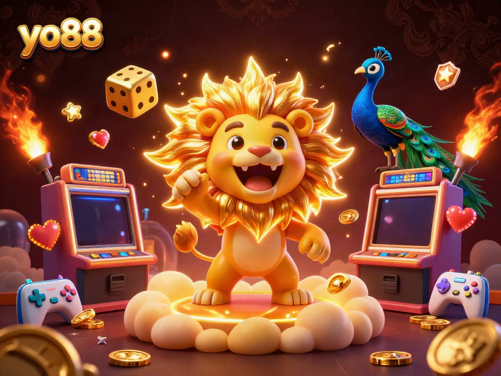 Spin the reels with yo88's vibrant casino scene featuring golden dice and cartoon characters.
