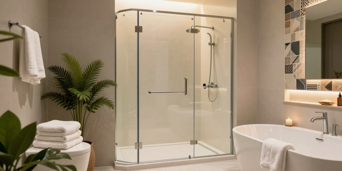 Elegante douche ruimte met een moderne douchecabine deur, die het stijlvolle ontwerp en de glaseigenschappen binnen een luxueuze badkameromgeving benadrukt.