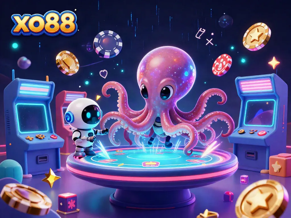 Experience thrilling gameplay with xo88 as a colorful alien octopus plays poker in a cosmic casino.