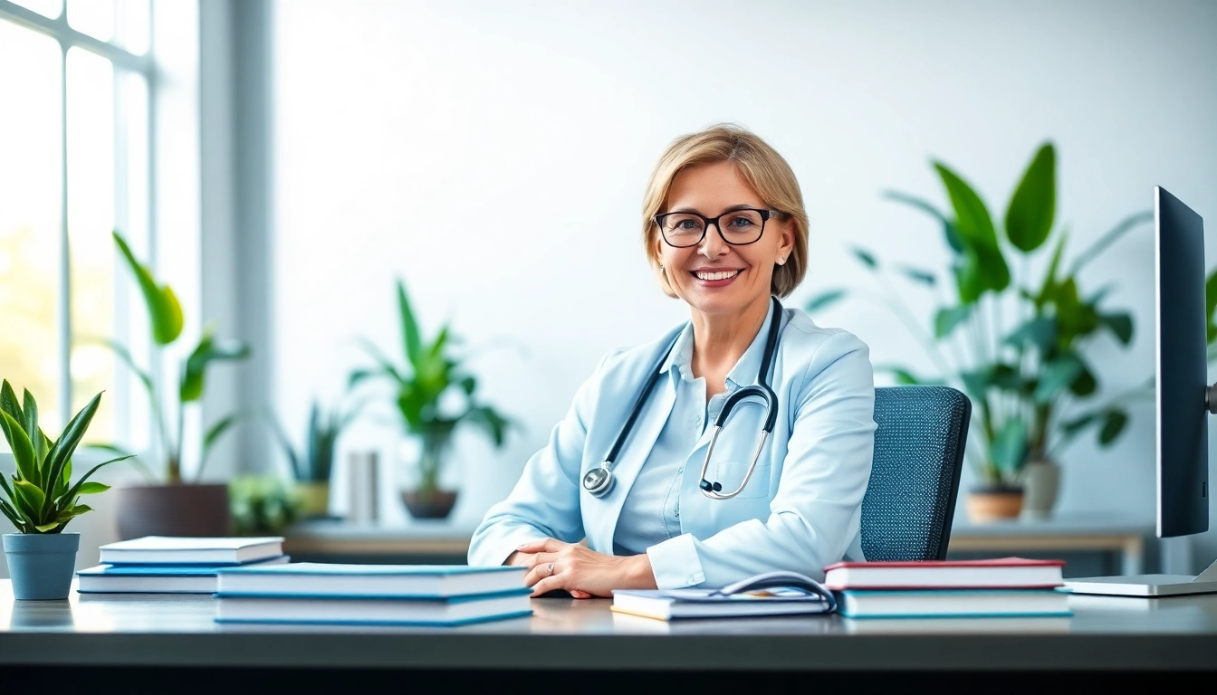 Gesundheitsratgeber Deutschland mit einem freundlichen Gesundheitsberater in einem modernen Büro.