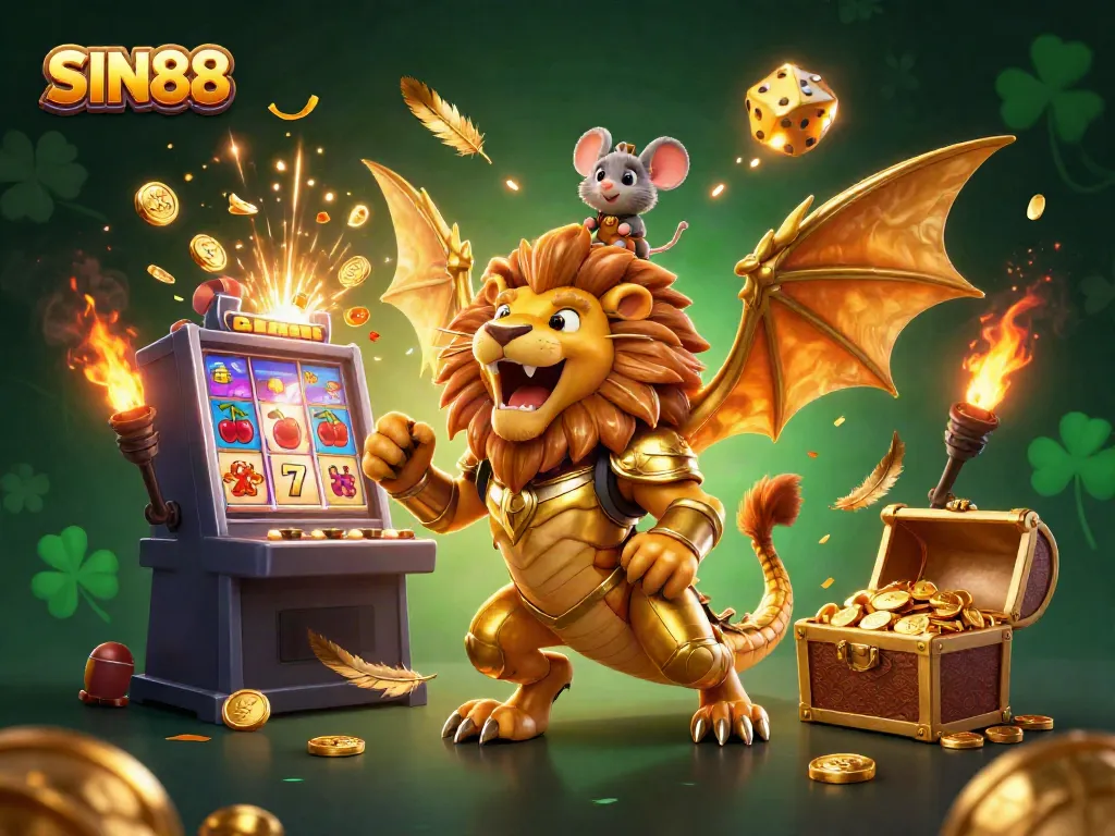 SIN88 brings thrilling jackpot wins with a majestic chimera roaring amidst golden casino elements and vibrant imagery.