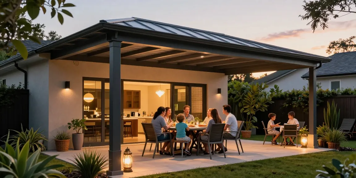 Terrassenüberdachung in modernem Design mit Familie beim Abendessen, einladende Atmosphäre