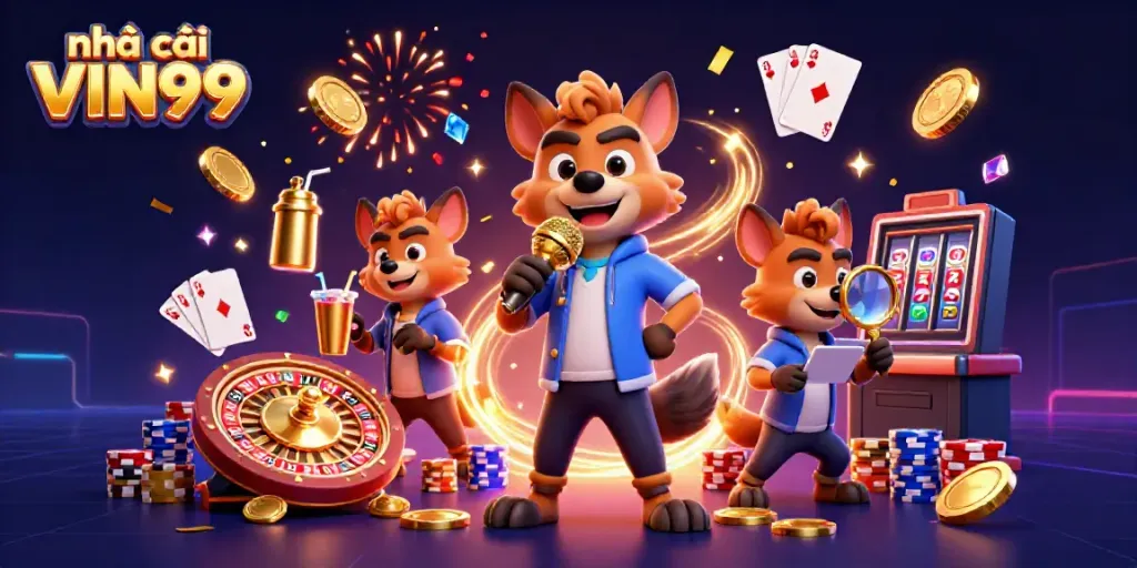 Experience laughter and excitement at nhà cái VIN99's vibrant casino with cartoon hyenas engaging in fun gaming activities.