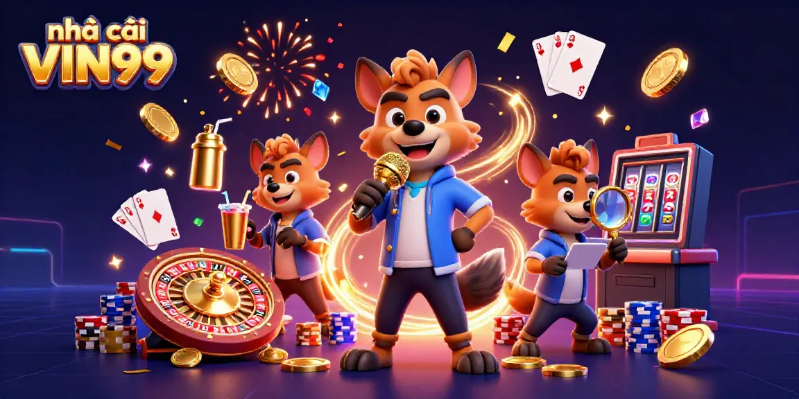 Experience laughter and excitement at nhà cái VIN99's vibrant casino with cartoon hyenas engaging in fun gaming activities.