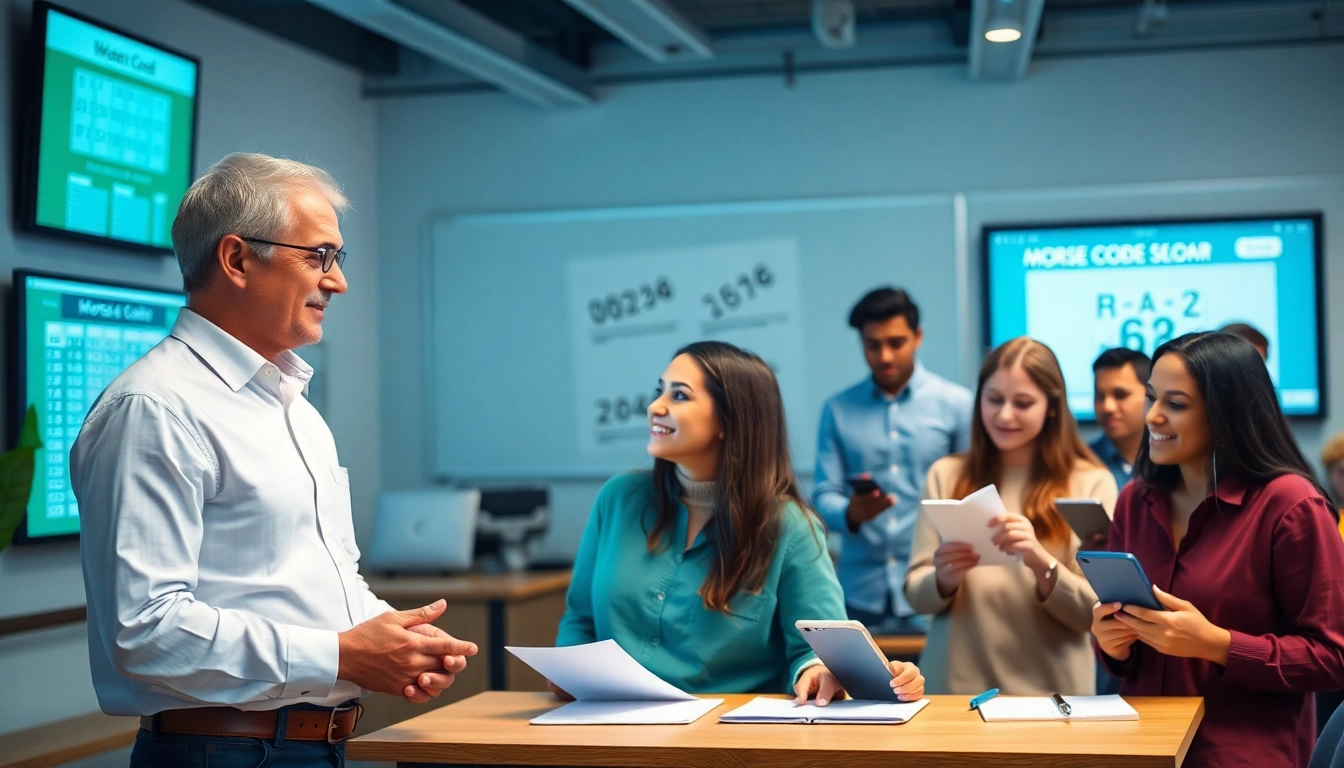 Morse code lessons in a modern classroom with students and teachers engaged in learning.