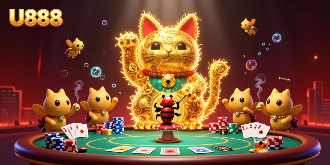 Experience the enchanting U888 world with a vibrant lucky cat and dynamic casino elements.