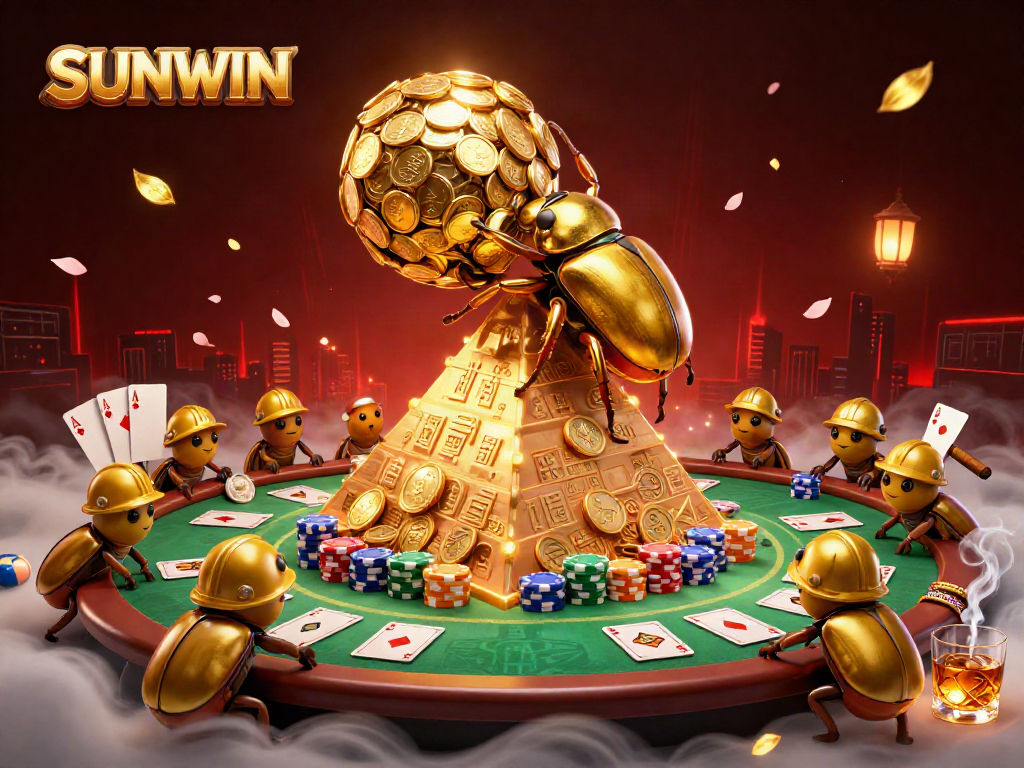 Experience the exciting casino atmosphere with SUNWIN featuring vibrant poker elements and a golden beetle rolling coins.