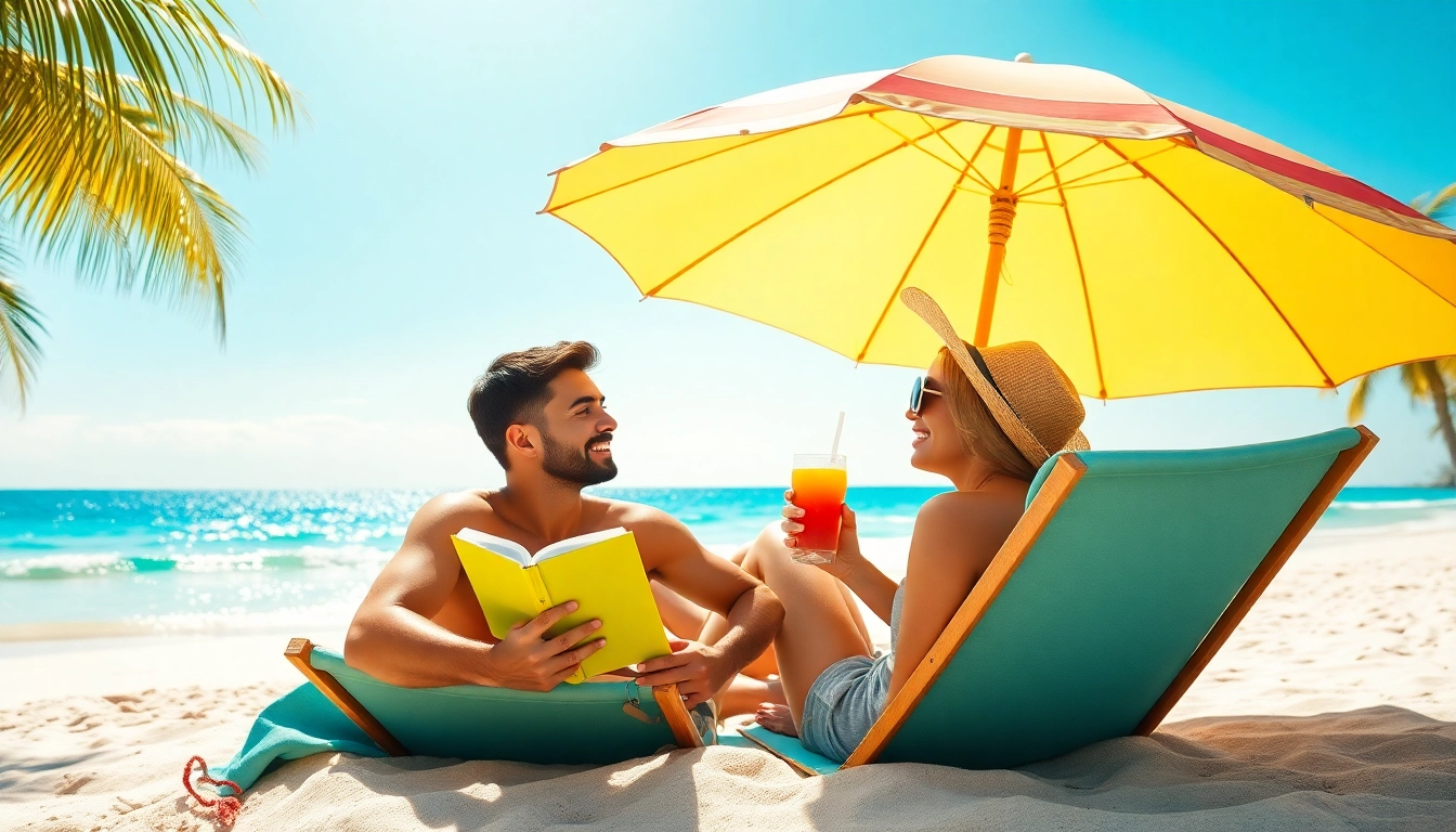 Urlaub Tipps für entspannte Strandferien mit Paar unter einem bunten Schirm.
