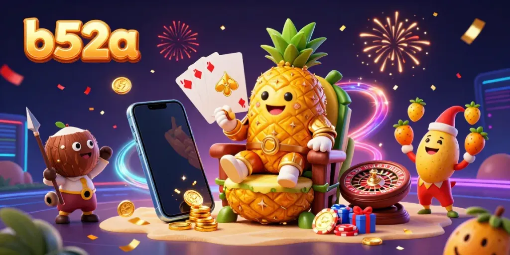 Engage with b52a's vibrant virtual casino scene featuring a golden pineapple king and game elements.