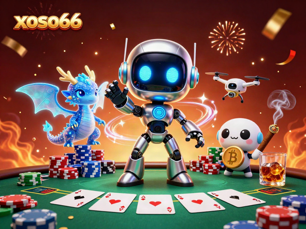 The xoso66 platform brings excitement, showcasing a vibrant 3D casino scene filled with poker action.