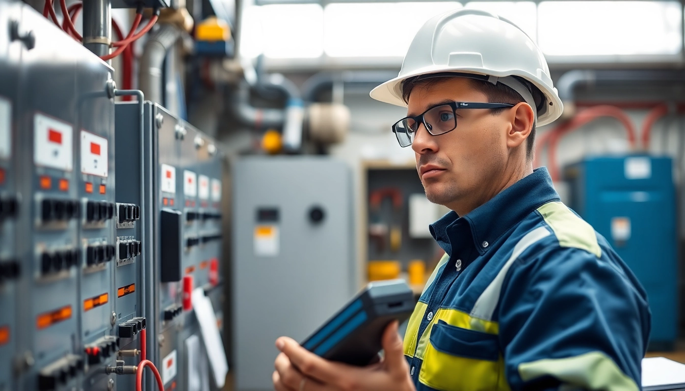 Prüfung ortsfester elektrischer Anlagen durch einen Techniker in einer industriellen Umgebung.