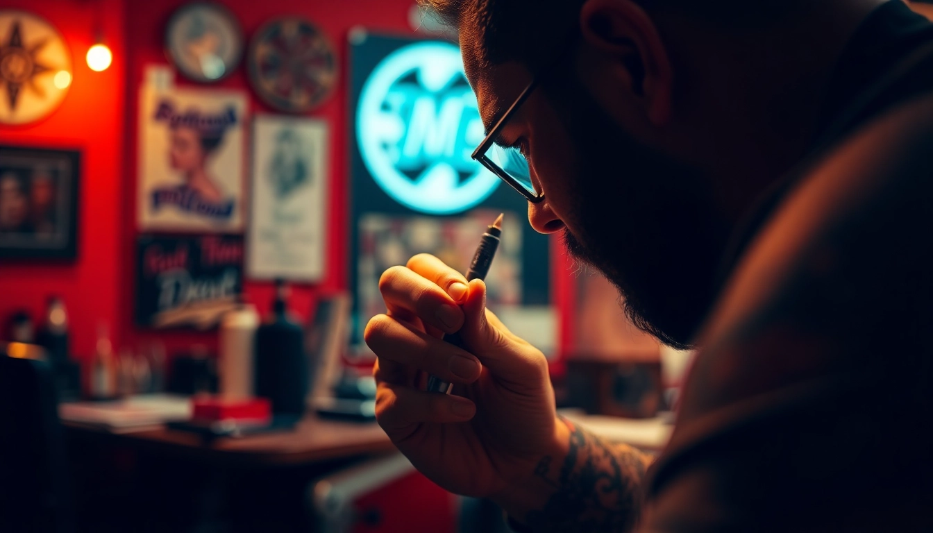 Artistic tattoo application in a Tattoo Studio München showcasing a skilled artist's detailed work.