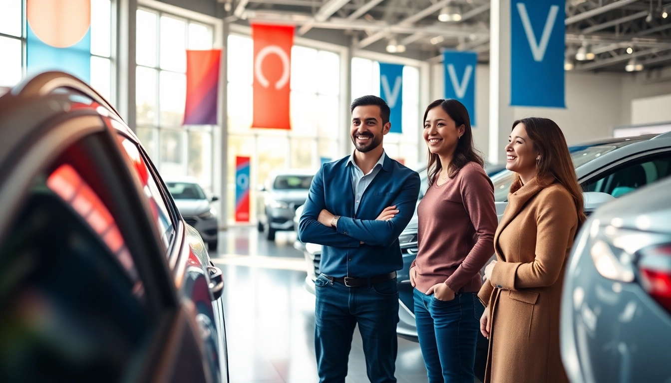 Auto kaufen in einem einladenden Autodealership mit Kunden und Verkäufern im Gespräch.