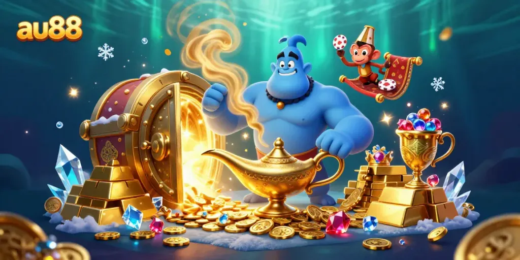Experience thrilling casino adventures with au88's vibrant characters and treasures in a captivating underwater scene.