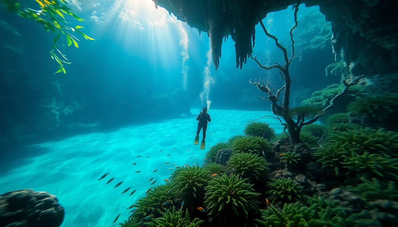 Diver exploring stunning underwater formations in Tauchen Cenotes, showcasing crystal-clear waters and vibrant marine life.