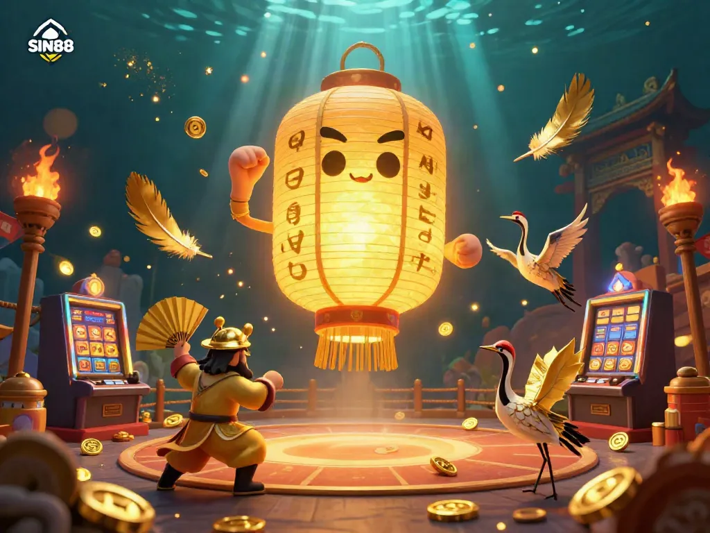 SIN88 showcases thrilling slots and jackpots in a vibrant casino scene with glowing lantern spirit.