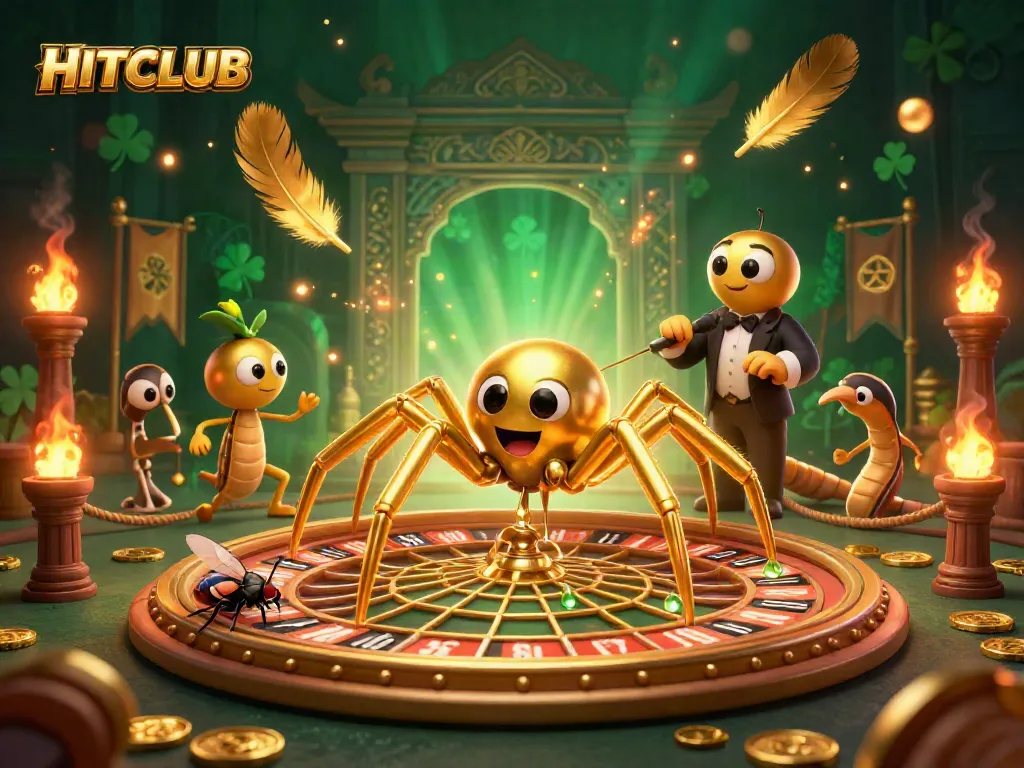 HITCLUB spins the roulette wheel in a vibrant 3D illustration filled with golden treasures and betting excitement.