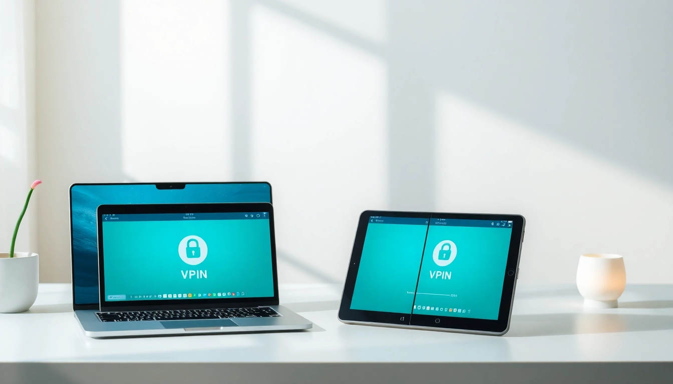 A sleek digital interface of 快连官网 showcasing a secure VPN application on multiple devices, emphasizing innovation and privacy.