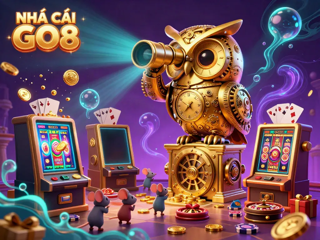 Engage with NHÀ CÁI GO8 through vibrant 3D casino illustration featuring a golden owl and slot games.