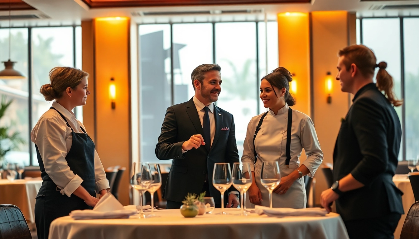 Headhunter Gastronomie, der mit einem Gastronomie-Team in einem stilvollen Restaurant kommuniziert.