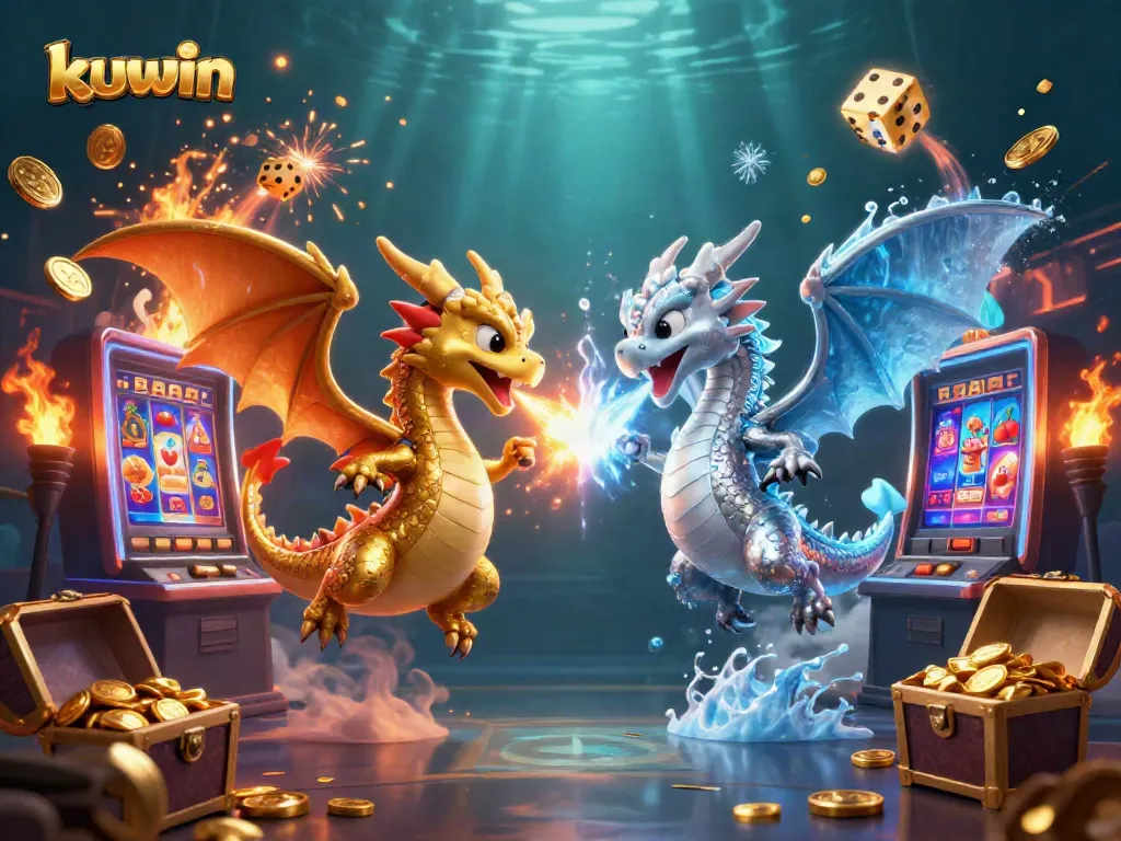 Engage with kuwin's thrilling casino experience featuring a dynamic scene with dragons and vibrant gaming elements.