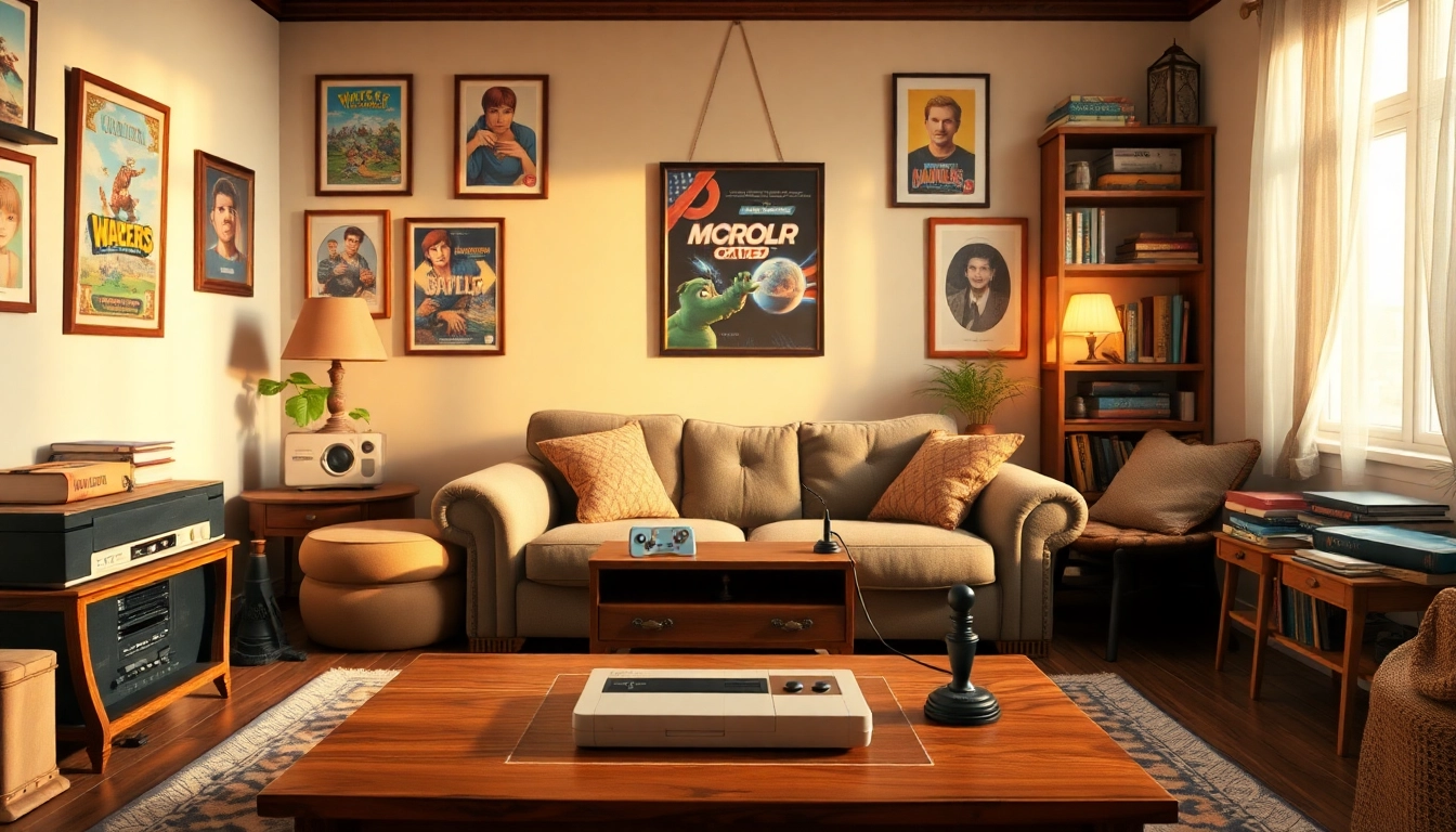 Cozy living room showcasing a classic game setup with retro consoles and game cartridges.