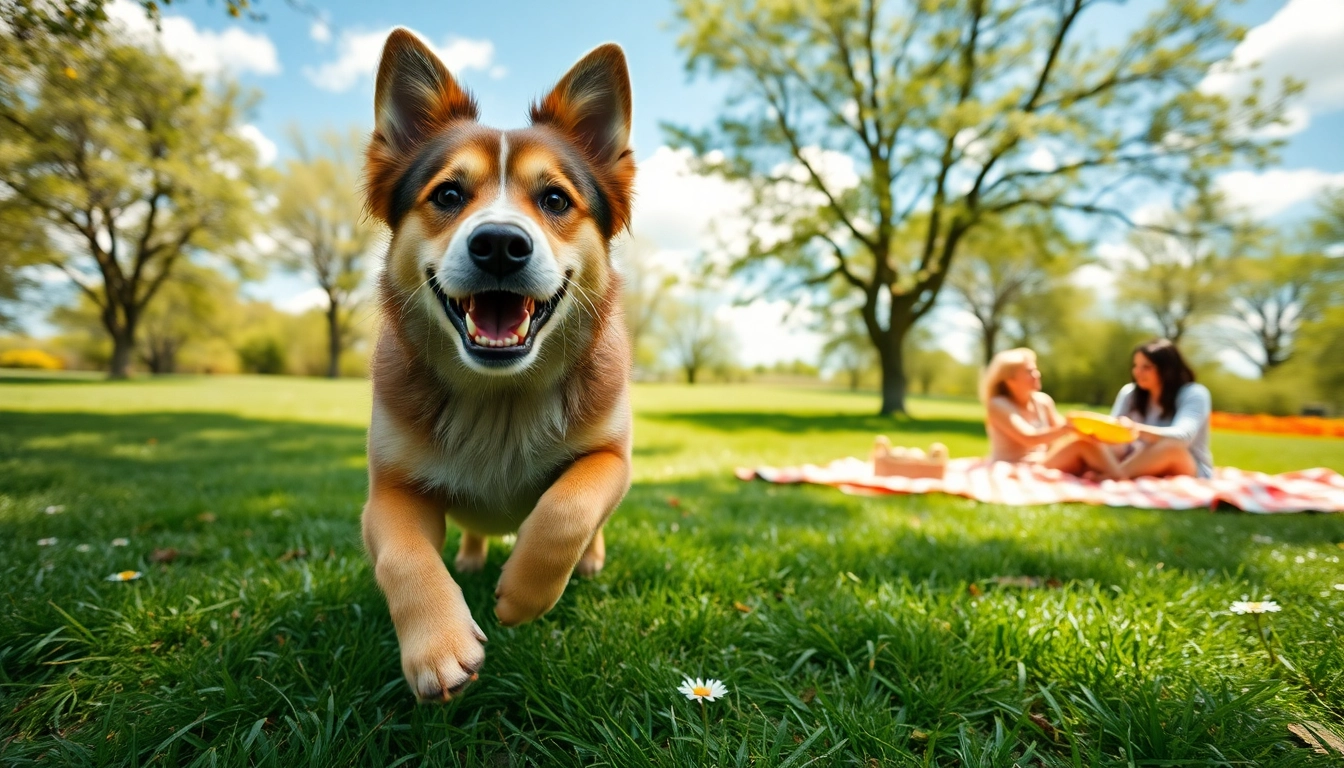 pawsometime Hund spielt fröhlich im Park mit einer Familie im Hintergrund.