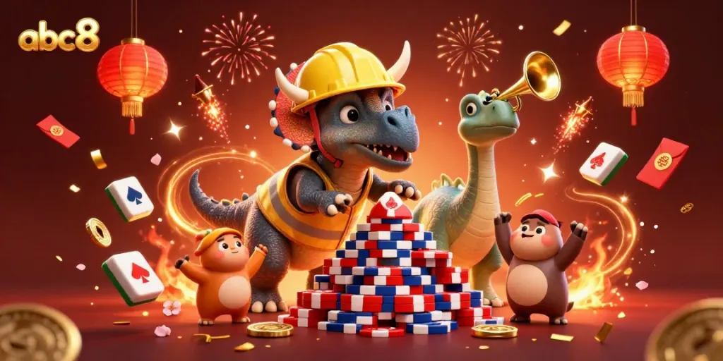 abc8 engages players with a lively celebration featuring a triceratops building poker chip towers amidst glowing lanterns and festive elements.