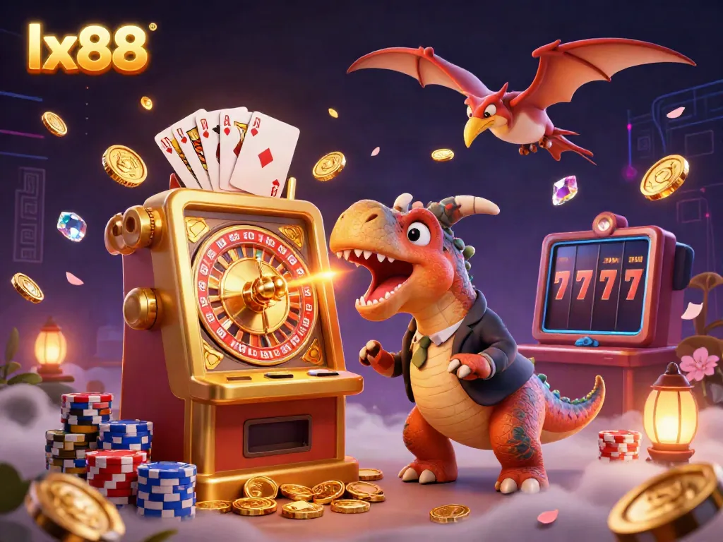 Experience the lx88 jackpot as the pachycephalosaurus triggers a golden slot machine amidst a dynamic casino scene.