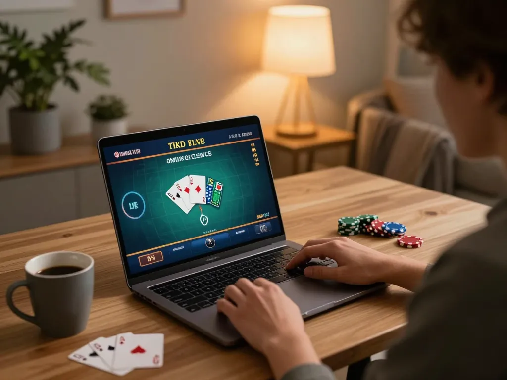 Engaging online casino gameplay on https://kkwinzz.com/ in a cozy home setting with warm lighting.