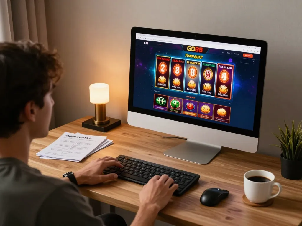 Engaging with GO88 casino games on a modern desktop, showcasing a comfortable home gaming atmosphere.