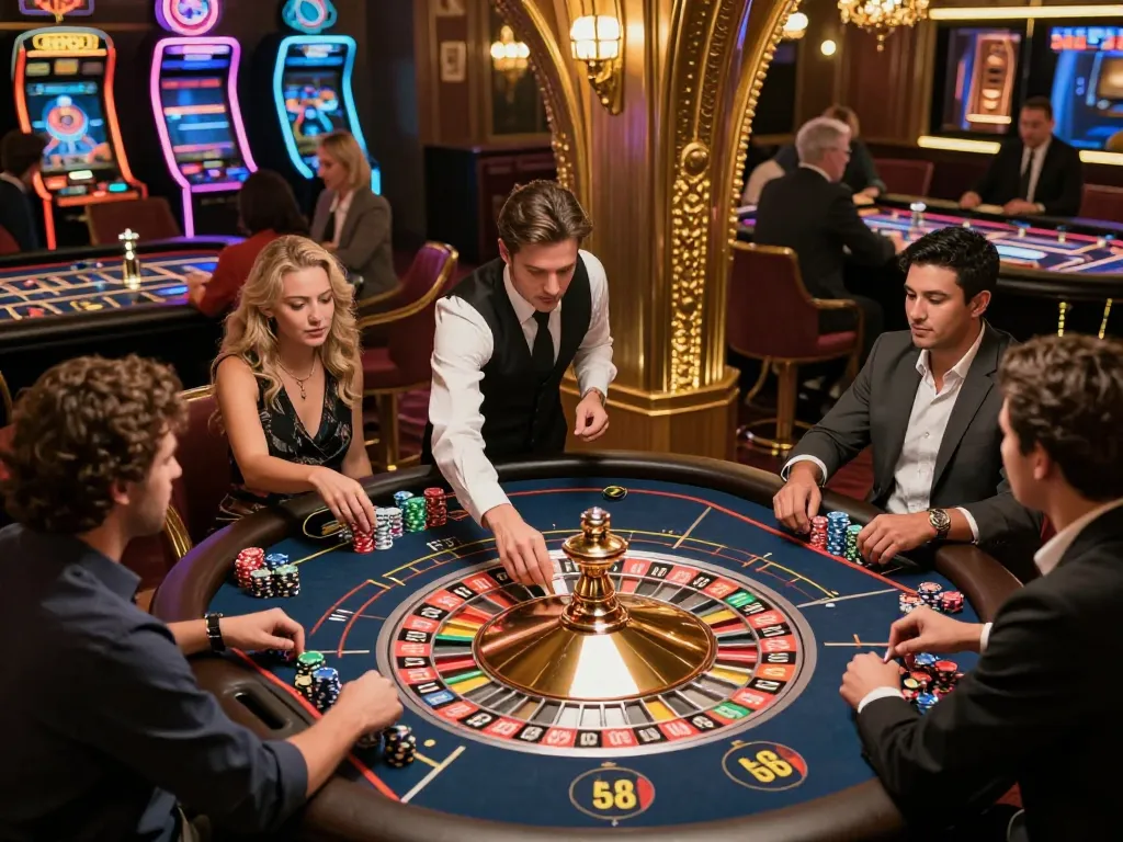 Exciting roulette gameplay at RR88, showcasing players placing bets and a croupier with spinning wheel, highlighting the thrilling casino atmosphere.