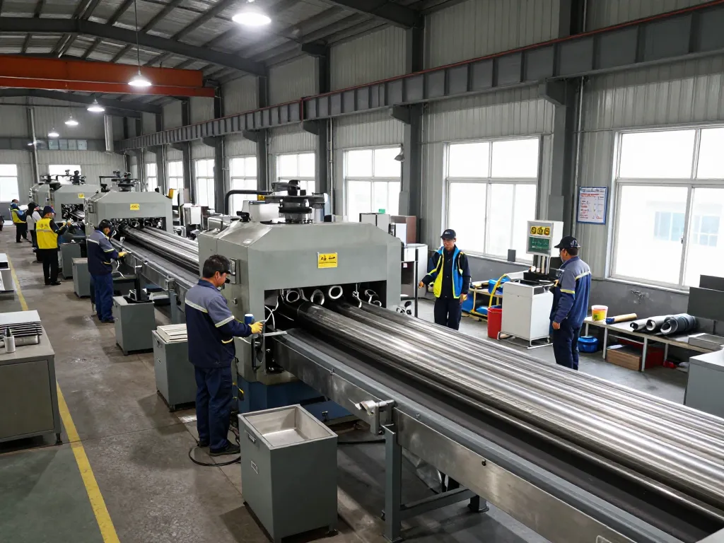 Sumwin stainless steel manufacturing facility with workers inspecting pipes and high-tech machinery.