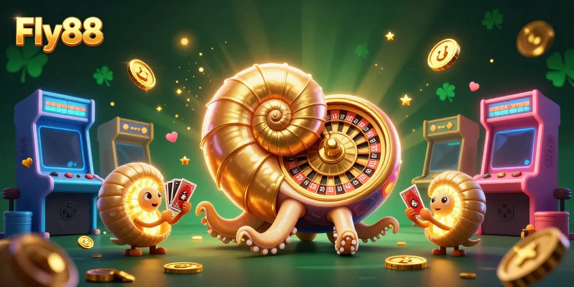 Experience the thrill of Fly88 with a vibrant casino-themed 3D illustration showcasing roulette and arcade fun.