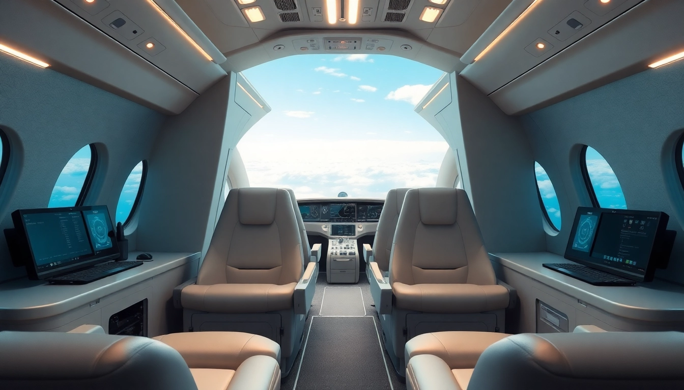 Innenräume für den Luft- und Raumfahrtsektor mit modernem Design und futuristischen Elementen.