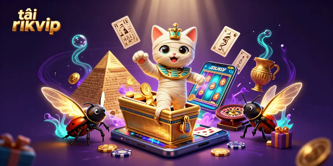Engage with the thrilling tải rik vip experience featuring a 3D Egyptian mummy cat and glowing scarab beetle.