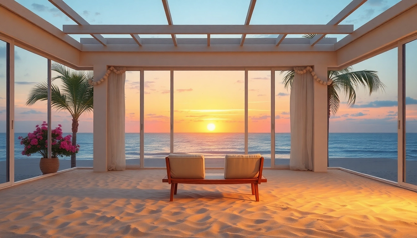 Entspannen Sie sich in der stilvollen Küsten-Cabana mit Ozeanblick und tropischen Pflanzen.