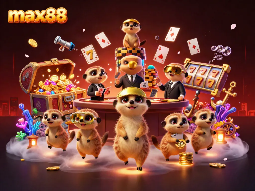 Experience max88 excitement in a vibrant 3D meerkat casino environment with dynamic gaming elements.