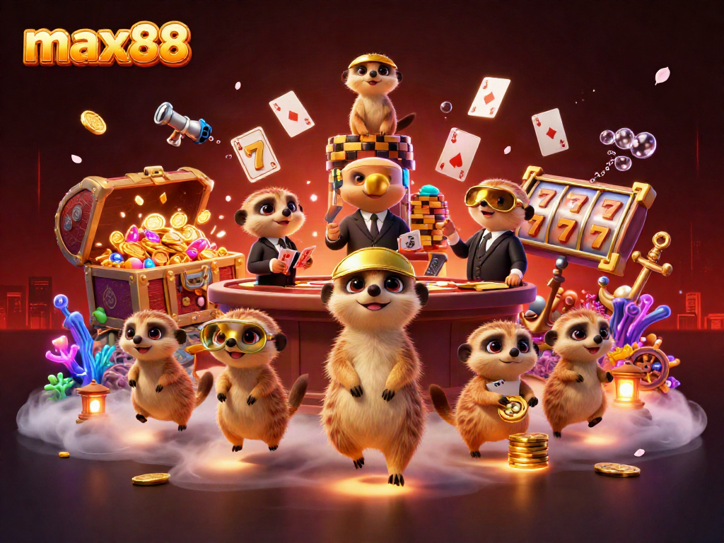 Experience max88 excitement in a vibrant 3D meerkat casino environment with dynamic gaming elements.