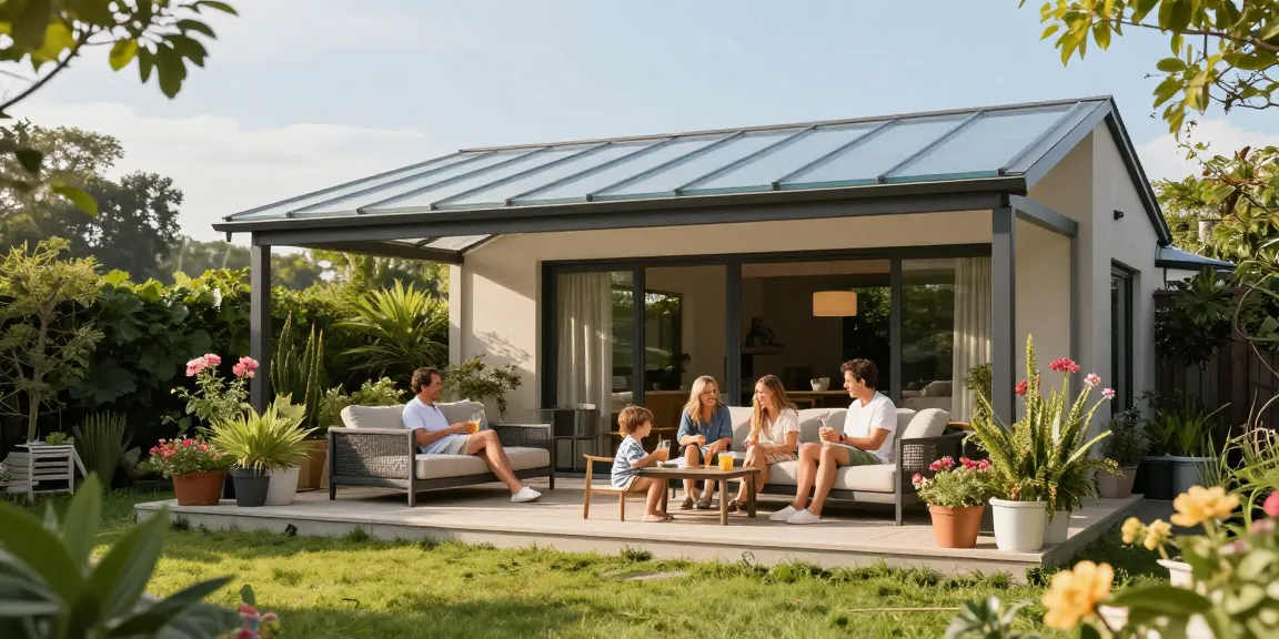 Freistehende Terrassenüberdachung im Garten mit Familie, sonnig und einladend.