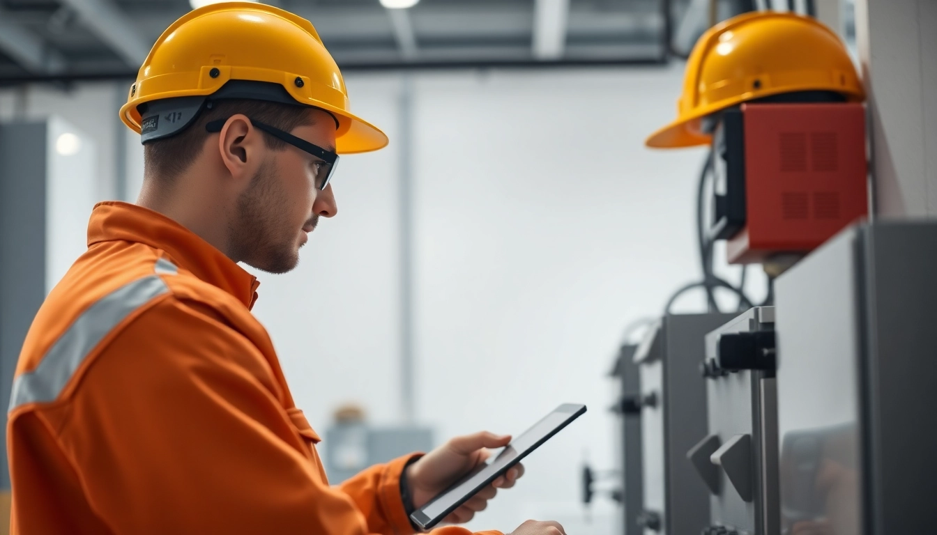 Inspecting portable electrical equipment for safety and compliance while prüfen der ortsveränderlichen elektrischen Betriebsmittel.