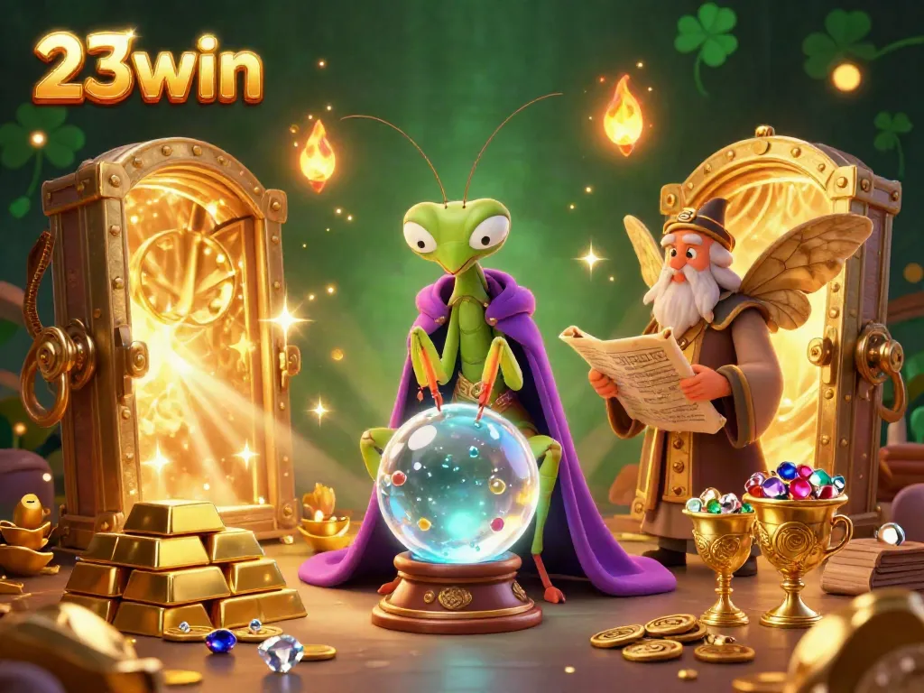 Experience the magic of 23win with a mystical fortune teller and treasures in an enchanted casino.