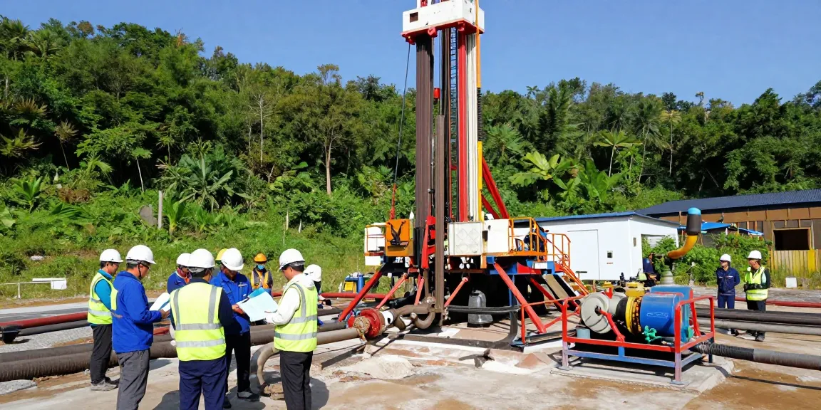 Geothermiebohrung auf einer Baustelle mit Ingenieuren, die Daten analysieren und Ausrüstung bedienen.