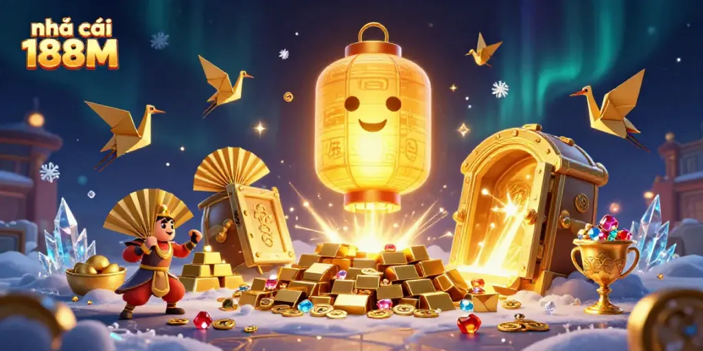 Experience the vibrant world of nhà cái 188M with dynamic characters and golden treasures in a casino setting.