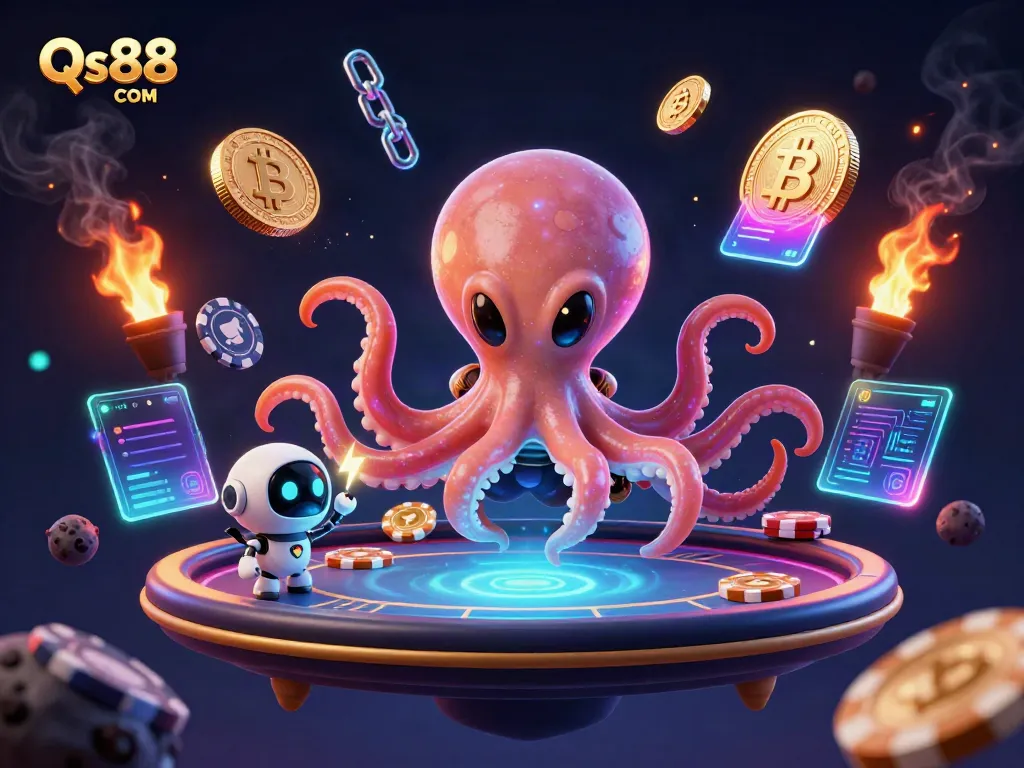 Engage with Qs88 COM in a vibrant 3D alien casino scene filled with holographic poker elements.