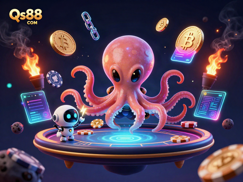 Engage with Qs88 COM in a vibrant 3D alien casino scene filled with holographic poker elements.