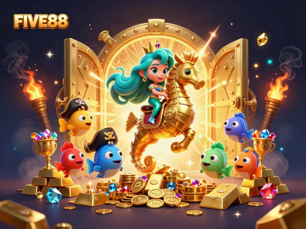 Engage with FIVE88's vibrant casino scene featuring enchanting characters and treasure-filled elements.