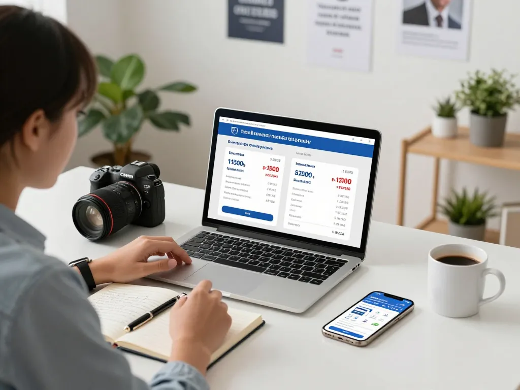 Verbraucher vergleicht Kreditvergleich-Optionen an einem modernen Schreibtisch mit Finanztools.